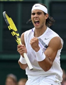 Spain's Rafael Nadal reacts during the men's singles final against Switzerland's Roger Federer at the Wimbledon tennis championships in London