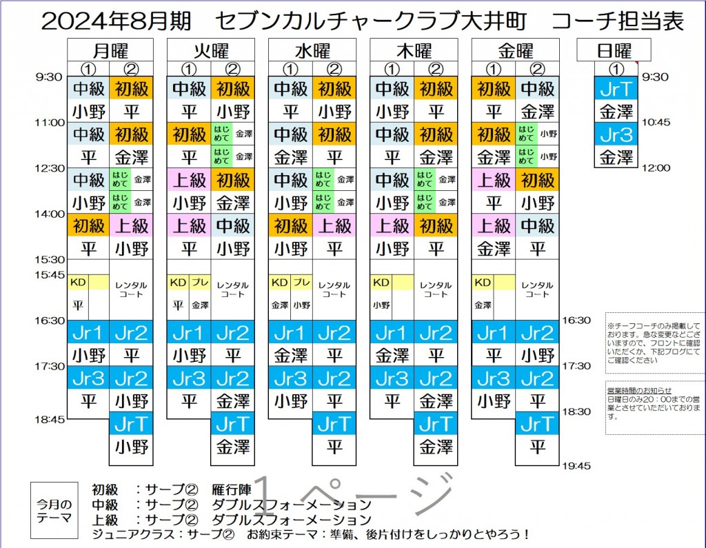 8月コーチ表