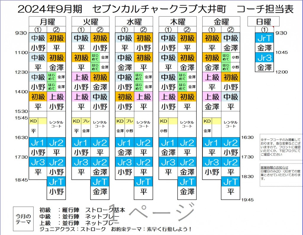 9月コーチ担当表