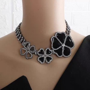 Black Camellia Flower Necklace with Crystals